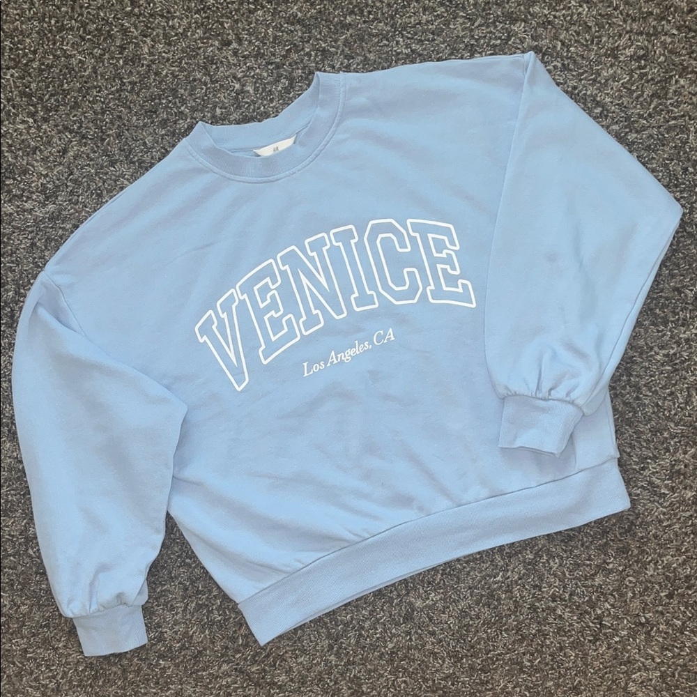 H&M Light Blue Venice Los Angeles Crew Neck Pullover Sweatshirt, Size Small